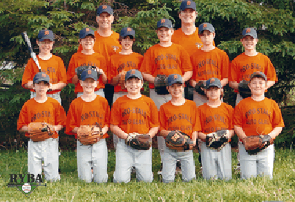 A group of young baseball players in orange shirts.